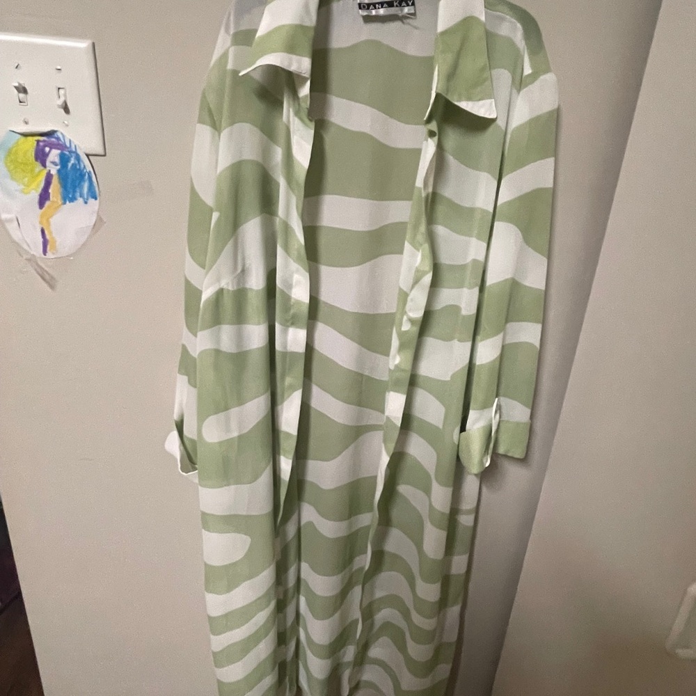 Dana Kay Green and Cream Striped Maxi Robe Shawl Duster